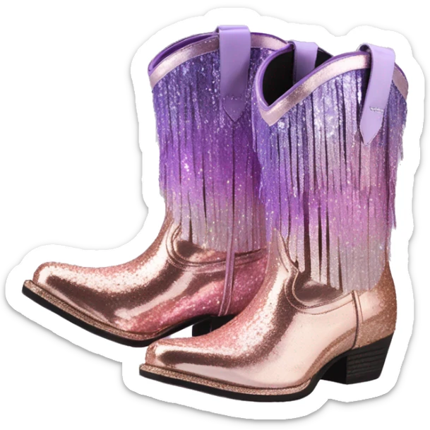 Realistic rose gold and lavender ombre pair of fashion cowgirl boots with sparkly shiny glitter fringe on them. sticker