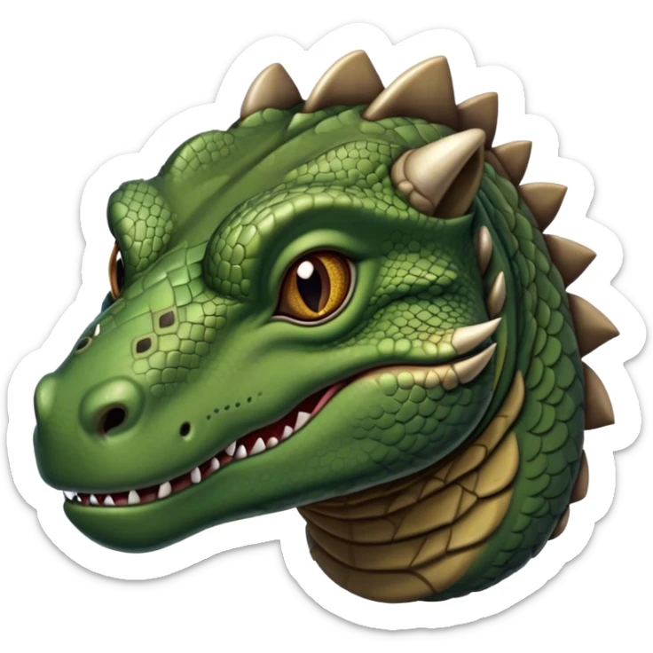 Cinematic Realistic Noble Komodo Dragon Portrait Emoji, Poised and imposing, with a massive, rugged build and a weathered, intricately scaled hide in earthy olive and dark tones, a distinct, powerful head with sharply defined features and piercing eyes, rendered in lifelike detail with natural texture and shadow, high shine, intelligent and formidable, styled with an air of ancient reptilian authority, focused and attentive, soft glowing outline, capturing the essence of a watchful and commanding Komodo dragon that appears ready to emerge from the screen with raw power! sticker