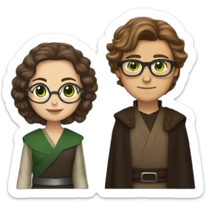 anakin with glasses and padme with green eyes, wavy hair sticker