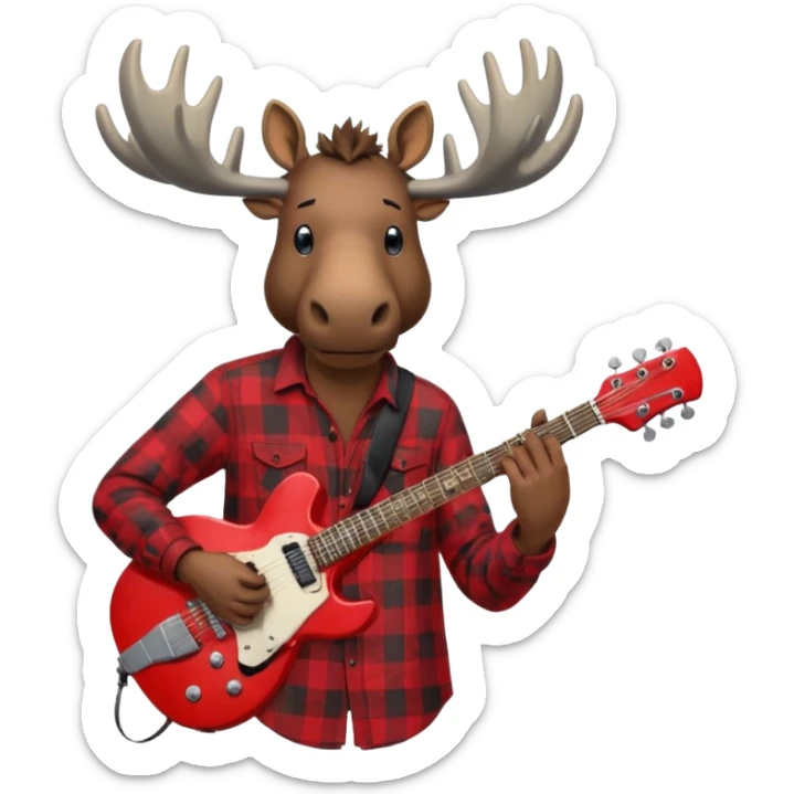  A man with the head of a moose playing a red electric guitar in Alaska. Give him a dark vibe and an attitude sticker