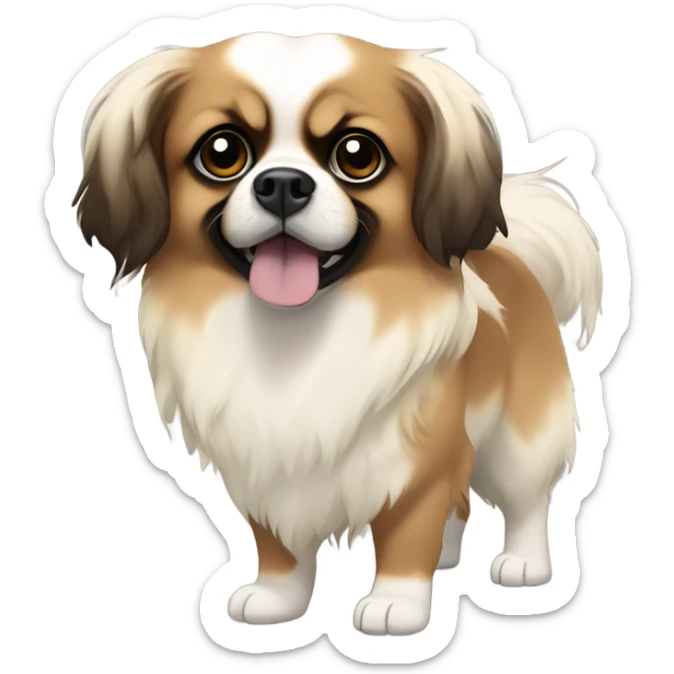 Tibetan spaniel, with a brown face, large black eyes, and floppy ears. Its body is mostly white with brown patches, and it has soft, medium-length fur. The tail curls upwards, covered in feathery fur, giving it a curious and alert look. sticker