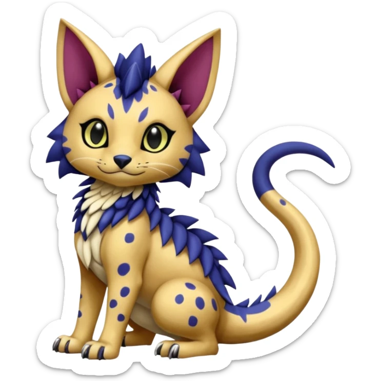 Egyptian furry cute realistic with black rosette-splotches, scaley Bastet-Liepard-Noibat-Gatomon-Garchomp-Digimon-Fakémon-Pokémon-creature (full body) sticker