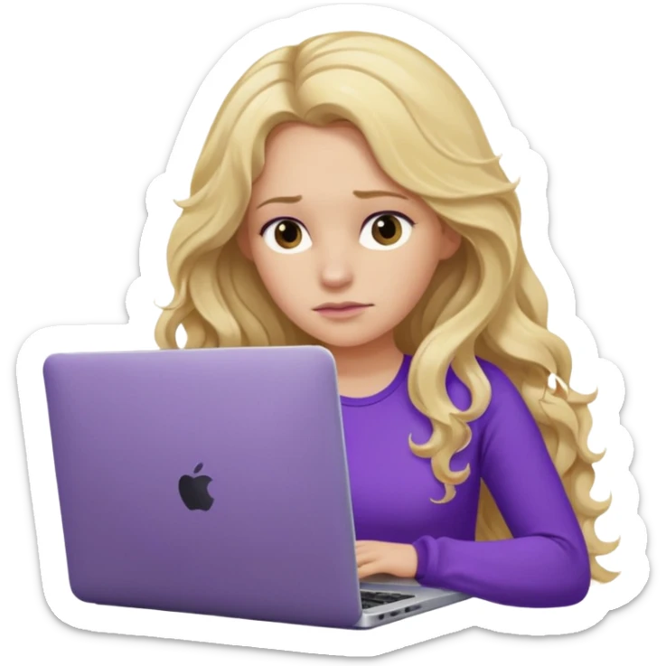 lady with long blonde wavy hair, purple top throwing her with a laptop looking tired sticker