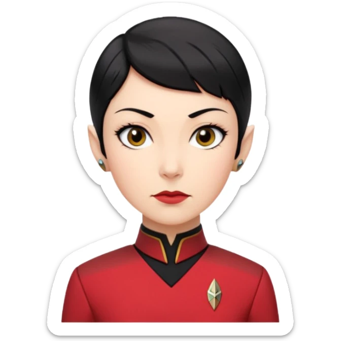 female Vulcan with short black hair and small pointy ears in Starfleet red uniform (Star Trek) no green face sticker