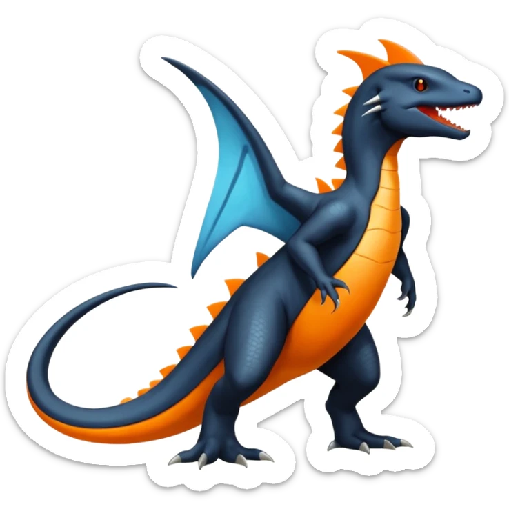 Shiny Black Koraidon-Latios-Salandit-Fakémon-hybrid-creature (full body) with orange belly sticker