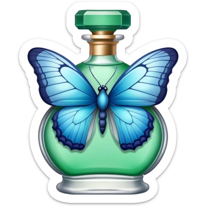 A single delicate blue butterfly resting on the edge of a lace-trimmed green  perfume bottle.
 sticker