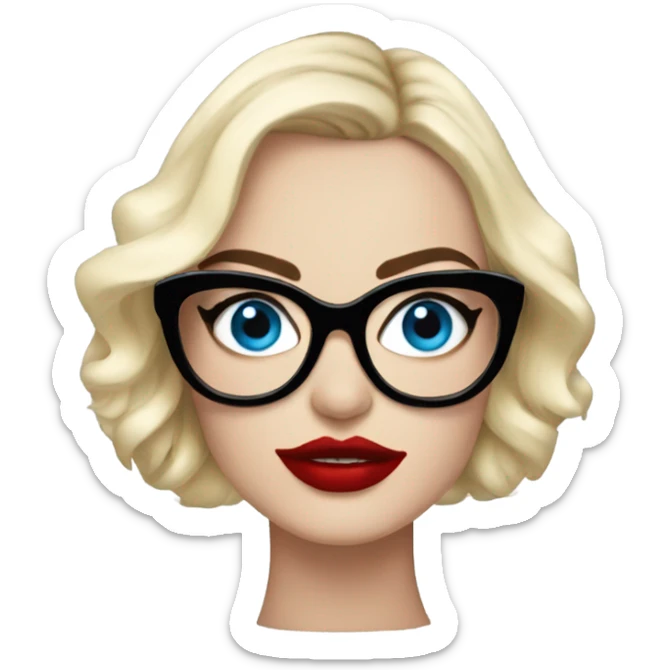 Cartoon style Margot Robbie, bright blue eyes, red kisses, wearing black glasses  sticker
