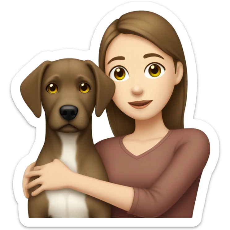 brown haired girl with browny green eyes hugging a brown and white girl Labrador  sticker