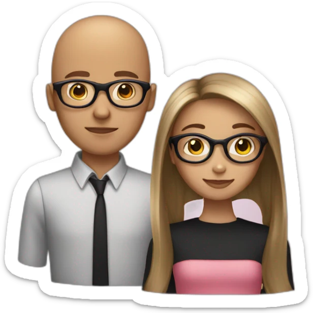 girl with bro2n long straight hair and black round glasses and bald boy sticker