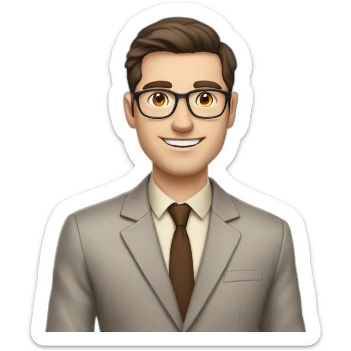 Pale skinned fit man with dark brown hair in gray jacket, beige office shirt, brown tie, brown pants and vintage glasses Writing on the flipchart sticker