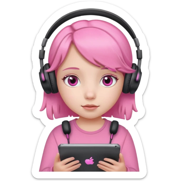 Little girl with headphones when pink eyes and pink iPad and pink dreamy background sticker