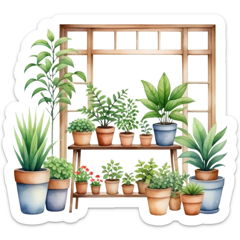 A cozy indoor garden scene with an assortment of potted plants, painted in a delicate and natural watercolor style. sticker