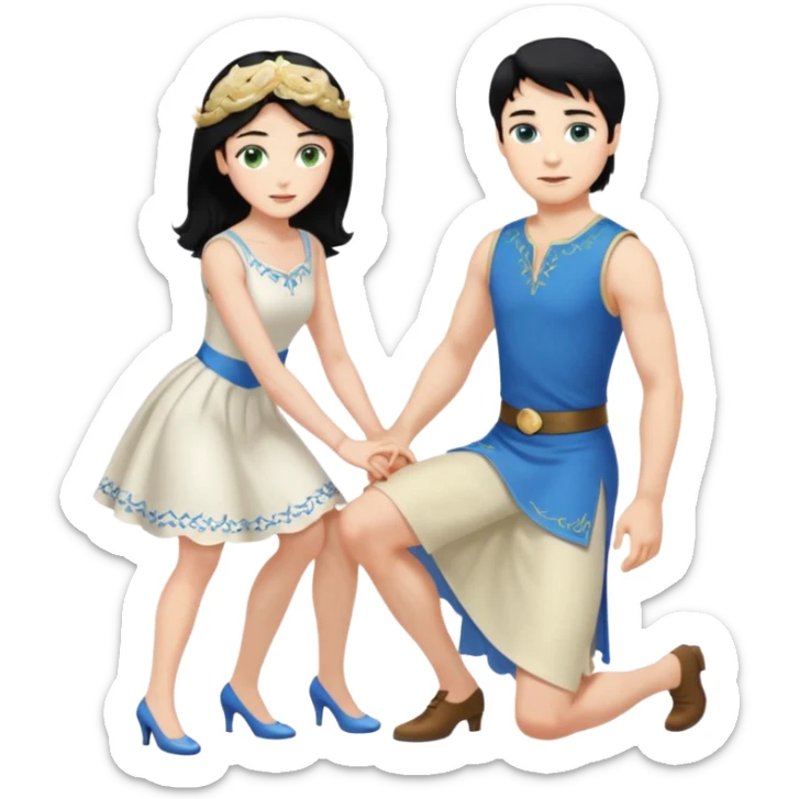 prince, upright, black Hair, blue eyes, Woman, blonde Hair, Green eyes, bending knee, sleveless White Dress, sticker