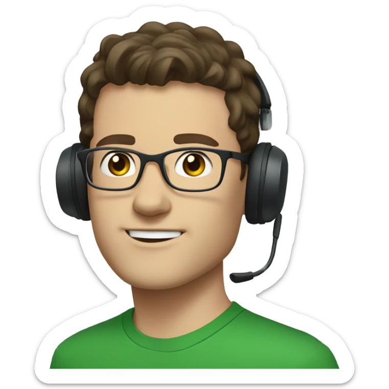 white young man with blue eyes and dark brown hair and square glasses wearing green t-shirt with headset sticker