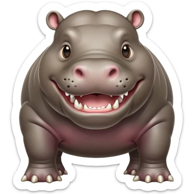 cinematic-hippo-realistic-full-body-side-view-standing-on-all-fours-emoji,-massive-round-frame,-wide-mouthed-grin-exposing-huge-teeth,-head-tilted-dramatically,-thick-greyish-brown-hide-glossy sticker
