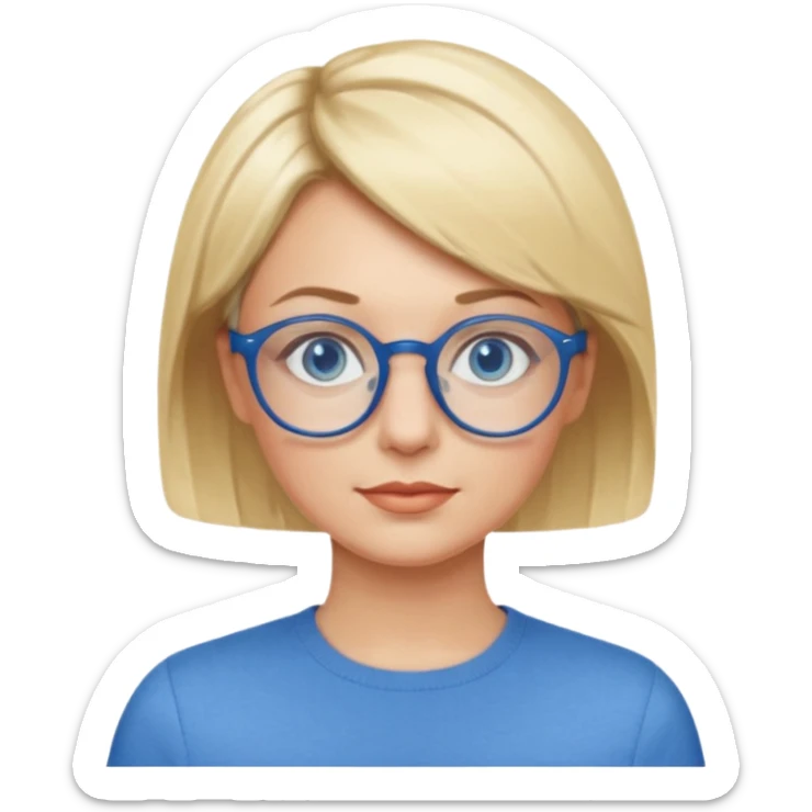 femme 40 ans cheveux courts garçon blond ave raie sur le coté, yeux bleu et lunettes rondes bleues sticker