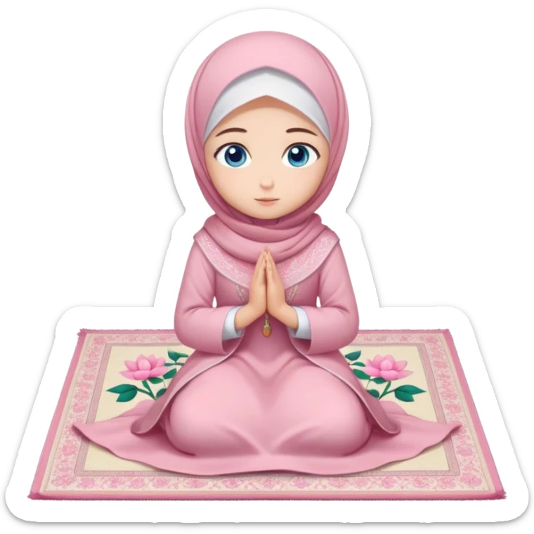 Turkish beautiful finish Konya girl blue eyes with powder pink color flower hijab long tail dress and sits on the pray mat namaz on the ground with dua  sticker