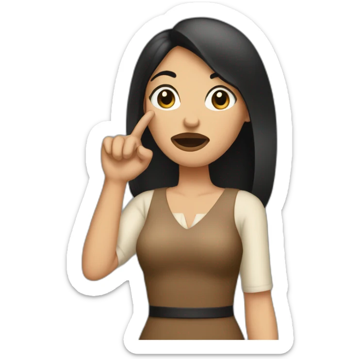 A tall woman wearing brown dress with black hair and asking to keep quiet while putting her finger on her lips sticker