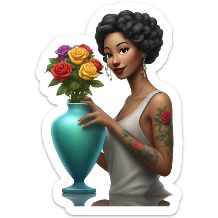 Hyper Realistic beautiful woman model with a small rose tattoo arranging flowers in a vase sticker