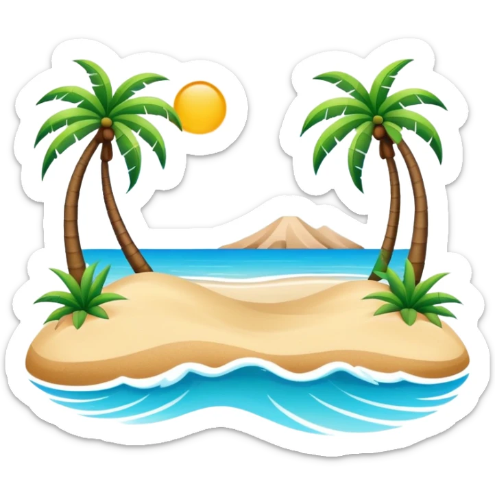 Sanya tropical beach Hainan Island with palm trees, simplified emoji style with bold outlines and bright colors, cartoon style beach with blue water sticker