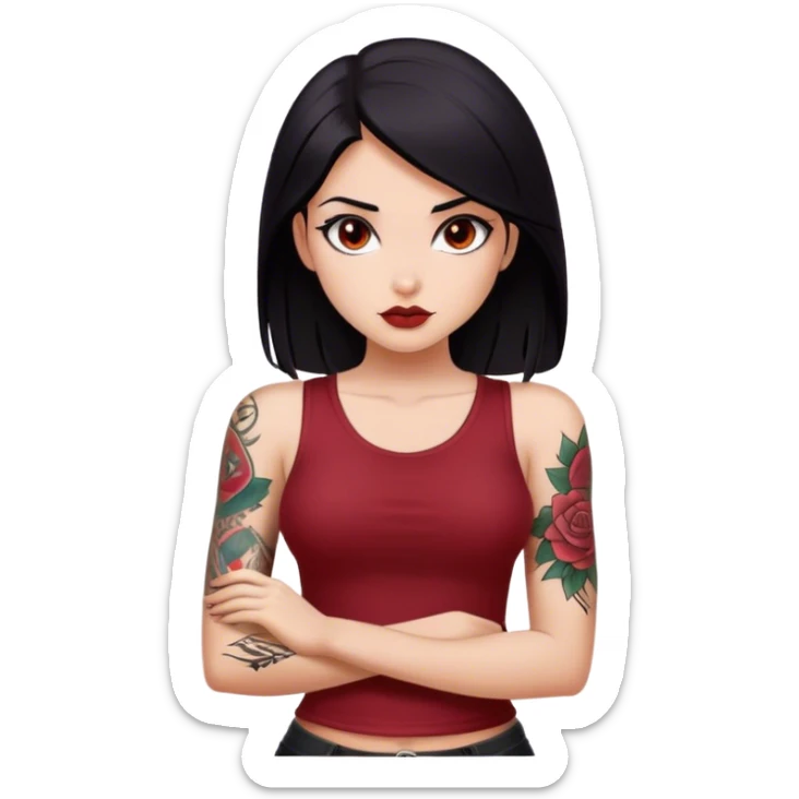 beautiful girl with dark red top, with black straight hair, with tattoo in her right arm, with brown eyes and sexy posture sticker