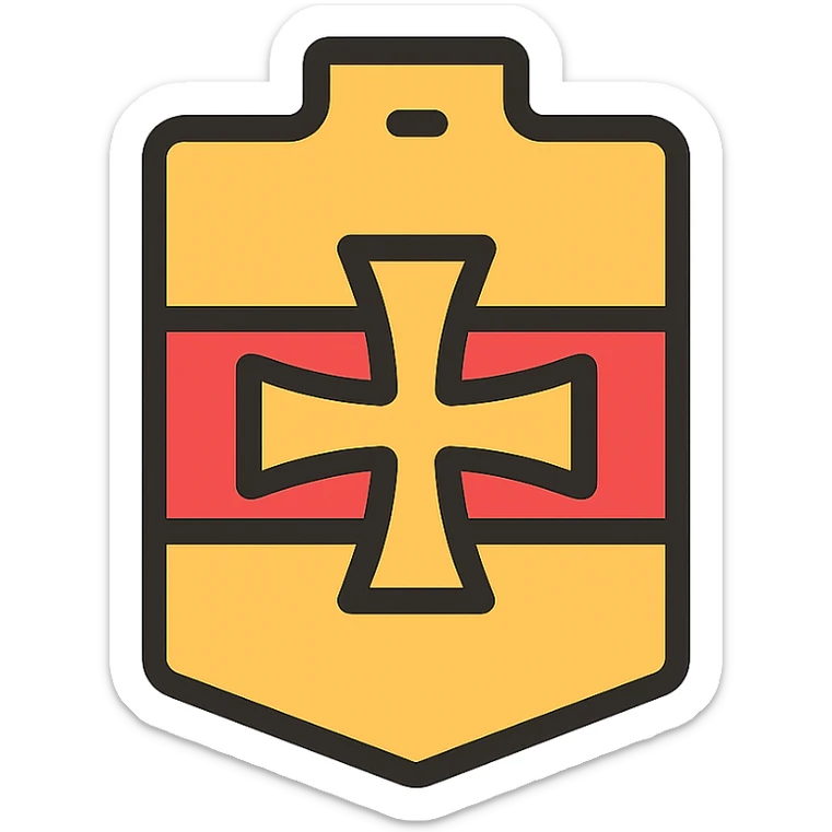 minimalist badge with red band and golden Balkenkreuz, 64x64 pixels, icon style sticker