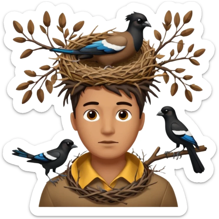 A man who has a magpie birds nest on top of his head for hair sticker