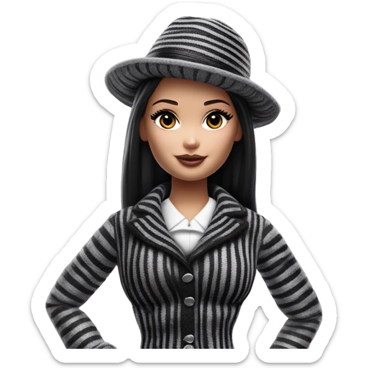 Bouclé Beauty Lingerie Barbie, Wednesday Addams from academy, in dark-gray and black striped outfit with hat. sticker
