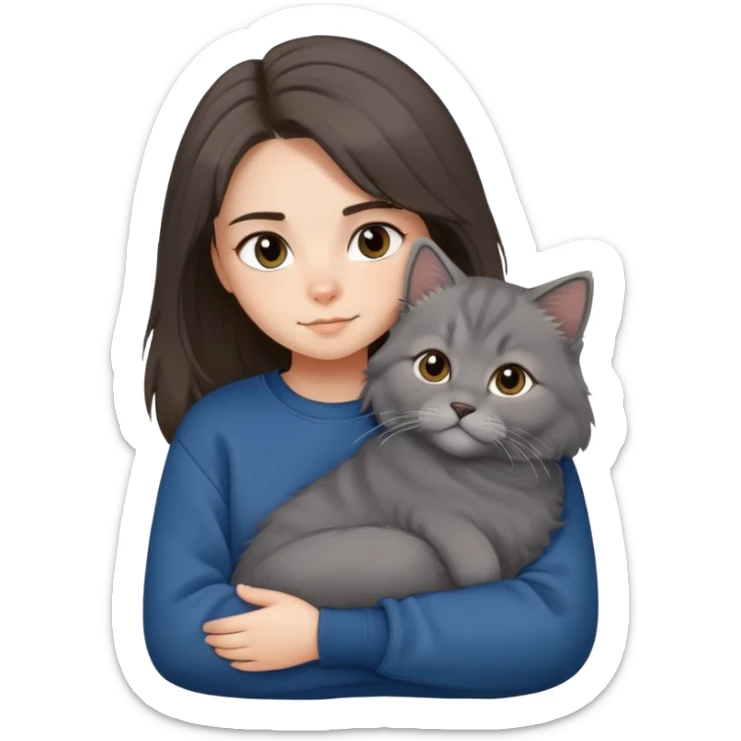 Brunette girl with dark blue sweatshirt snuggling a fluffy grey Siberian cat sticker