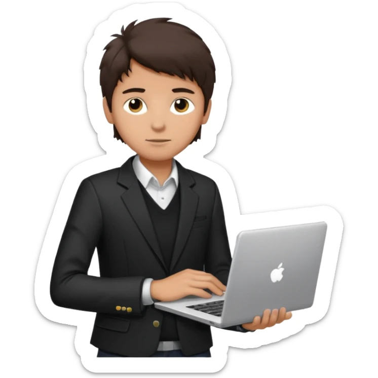 a tan boy with messy dark brown hair. Wearing a blazer and carrying a lapotop. watch on wrist sticker