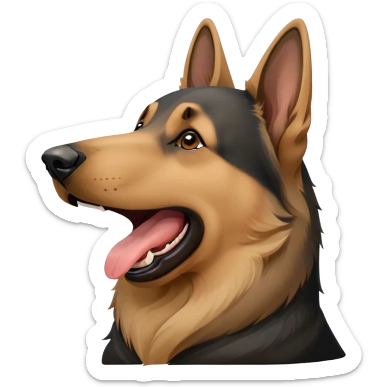 Cinematic Cute Yawning Tan/Black German Shepherd Portrait Emoji, Head tilted slightly with a dramatic, wide-open yawn, featuring a dense tan coat with a prominent black saddle, floppy ears slightly drooping, round brown eyes barely open in drowsy contentment, Simplified yet irresistibly adorable features, highly detailed, glowing with a soft, cozy glow, high shine, relaxed yet expressive, stylized with a touch of whimsy, bright and endearing, soft glowing outline, capturing the essence of a sleepy yet affectionate guardian, so drowsy it feels like it could stretch right out of the screen and curl up for a nap! sticker