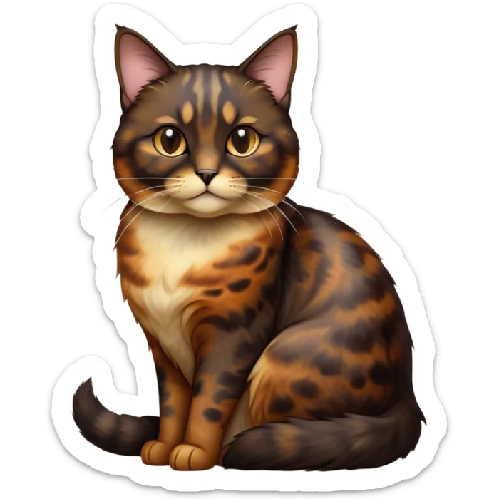 Cinematic Noble Tortoiseshell Cat Portrait Emoji, Poised and dignified, showcasing a luxurious, mottled fur of rich browns and blacks, with elegantly arched whiskers and a determined yet gentle expression, simplified yet meticulously detailed, glowing with a subtle, regal radiance, high shine, embodying quiet nobility and refined charm, soft glowing outline, capturing the essence of a sophisticated tortoiseshell cat exuding quiet authority! sticker
