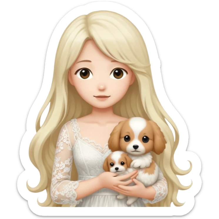Pastel anime lady long hair with long lace dress full body holding puppy sticker