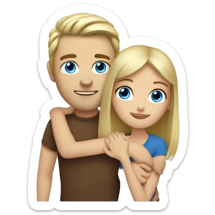blonde man with blue eyes and brunette girl with brown eyes hugging sticker