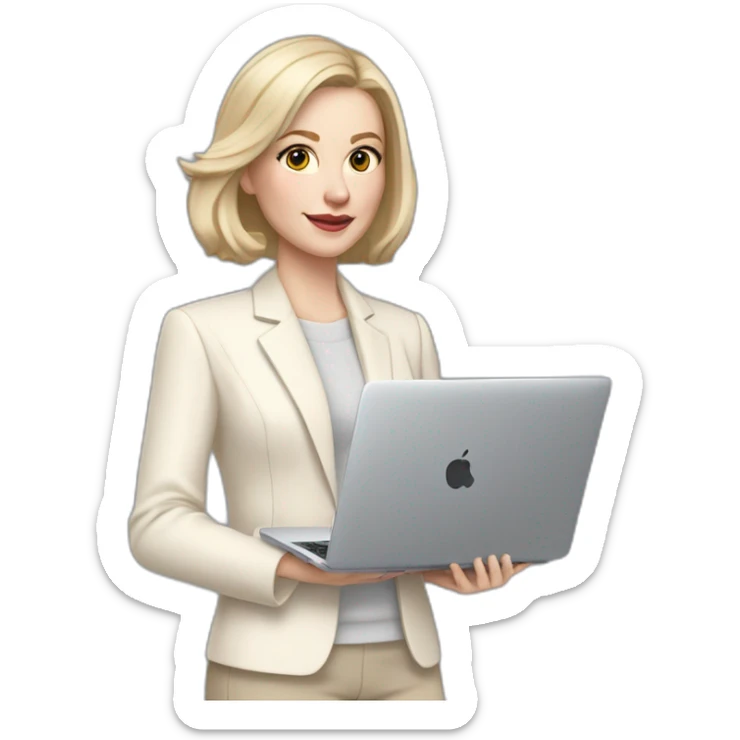 pale skin woman with ash blonde Straightened bob Hair, White Spacious classical jacket, beige palazzo Arrow pants and gray blouse holding a MacBook in the hands sticker