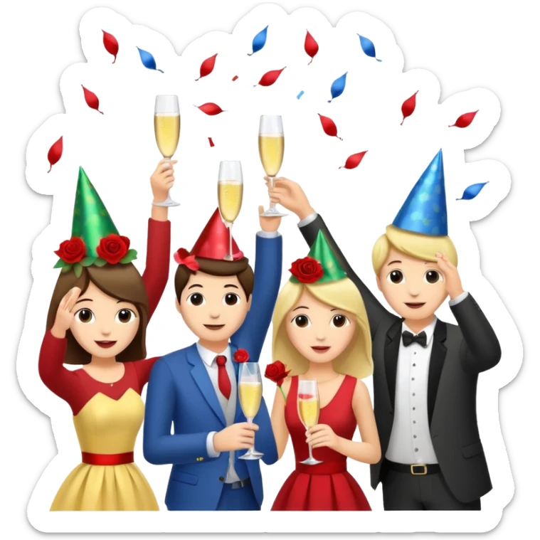 Group of party animals, having fun, with cocktails,  throwing roses congratulations  sticker