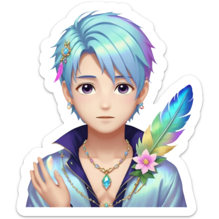 Beautiful gorgeous anime boy with beautiful iridescent-special-hair, fashion aesthetic, ethereal, fairycore, pastelcore, feather, flower, gems, accessories, jewelries, gold, colorful sticker