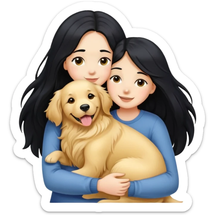 A girl with long black  hair tightly hugged a Golden Retriever sticker