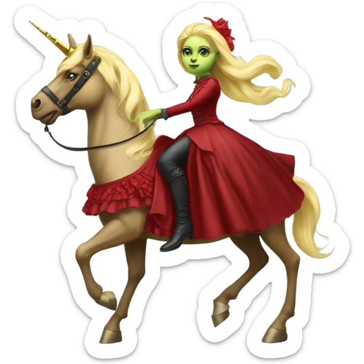 "galora green blonde alien woman" in red Victorian elegant dress, full body, rides unicorn gold
(NO WOKE)
 sticker
