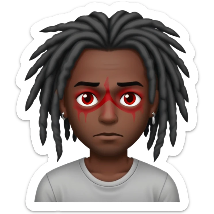Dark skin tone gray short sleeve shirt black dreads red numb tattoo under his left eye sticker
