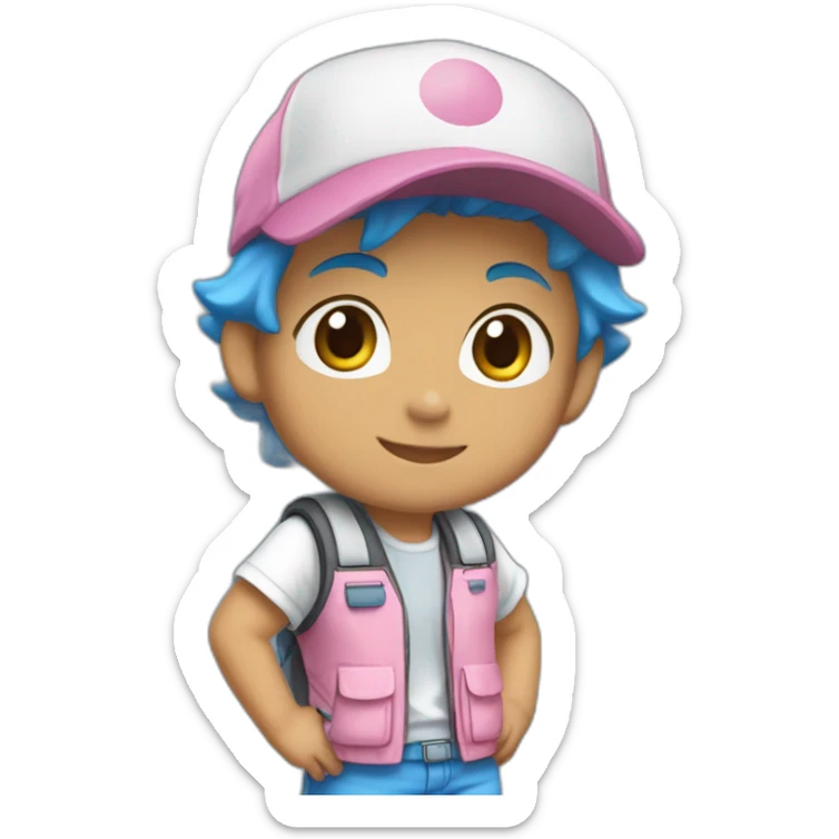 I want a drawing of a boy with a pokemon hat, blue hair, light skin tone, a white t-shirt with a blue pokemon vest and lead-colored shorts and white shoes with pink laces. sticker