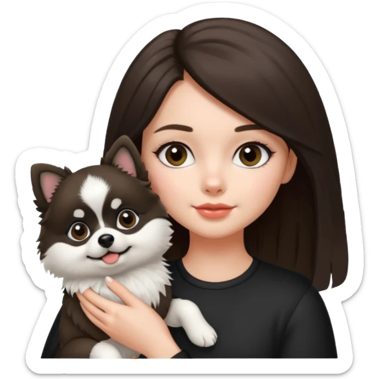 an brunette girl holding her pomeranian dog thats black and white but has white middle part in the face kinda looks like a panda sticker