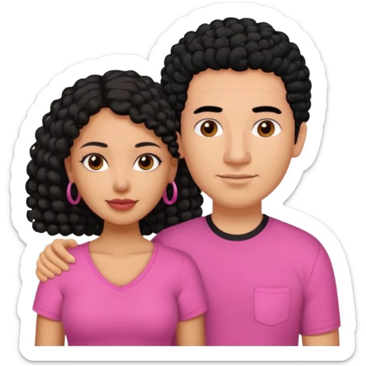 A picture if a couple. the man is a Mexican man with  black hair, a bald hair cut and black shirt on. the woman is mixed with black and white, with curly shoulder length hair and a pink shirt on sticker