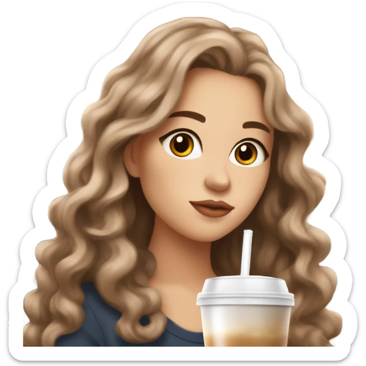 aesthetic white girl with brown wavy hair and brown eyes sipping an iced americano in a cute coffee shop  sticker