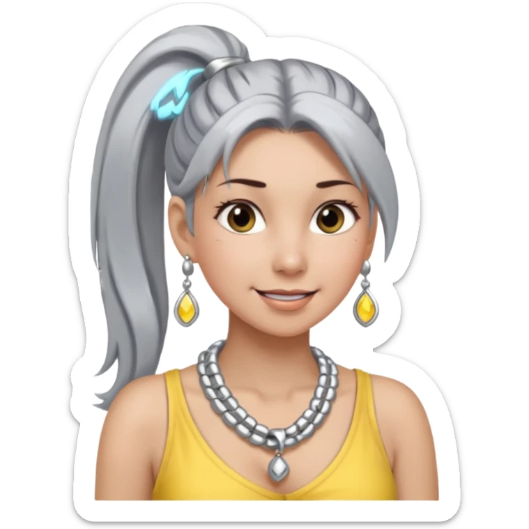 Female with very long + big Silver Necklace, grey skin,ponytail hair, more bright silver,highlight necklace, different expressions. sticker