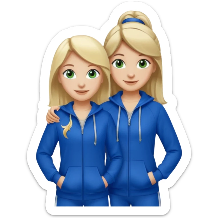 two girls smiling one has blond hair and green eyes and one is has dark brown hair and blue eyes they are wearing royal blue track suits sticker