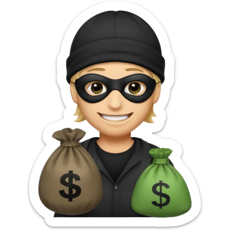 smiley robber wears black eye mask and black beanies with one money bag beside his right side sticker