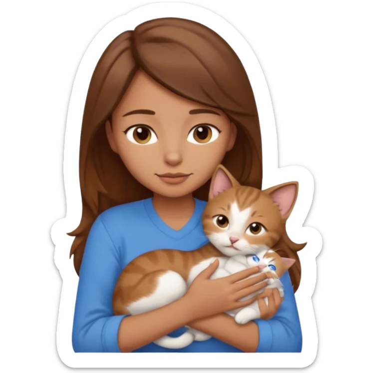 Create an emoji that has a girl wearing a blue shirt and brown hair snuggling a kitten. sticker