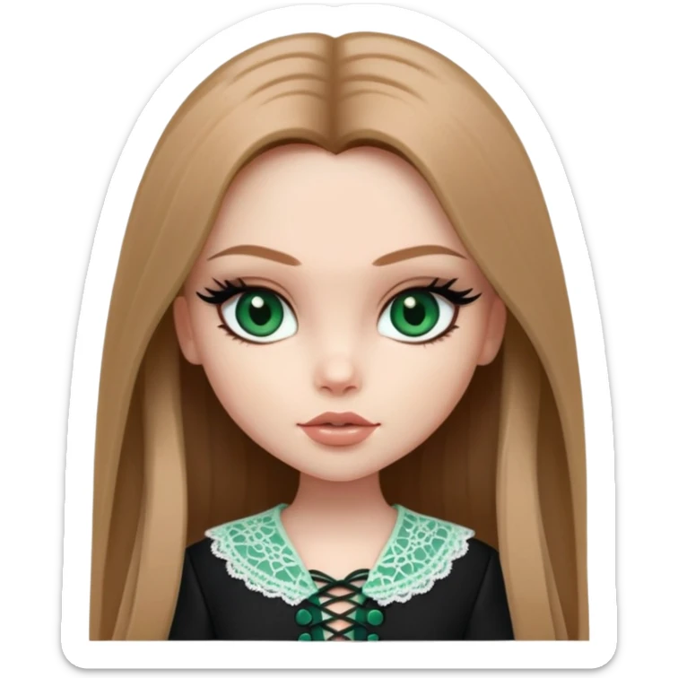 pretty bratz girl, long straight light brown hair, jade green eyes, black eyeliner, pale skin, dark feminine clothes with laces sticker
