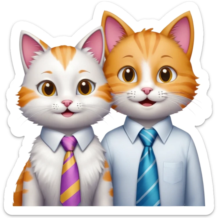 happy girl cat with eyelashes wearing a colorful necktie and happy boy cat wearing a professional necktie standing together side by side, both with cheerful expressions sticker